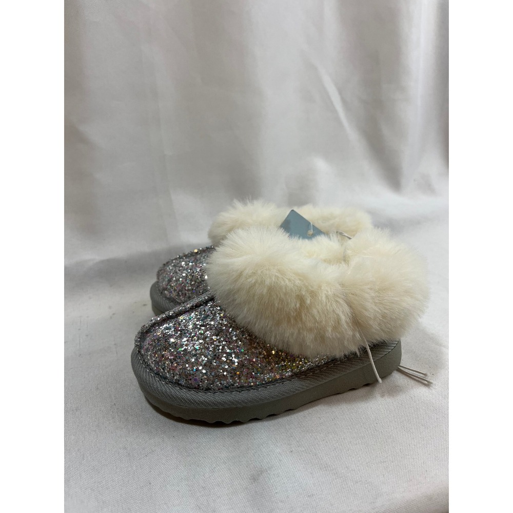 Cat & Jack Toddler Girls Glitter Faux Fur Trim Slippers Silver Size 6 NWT